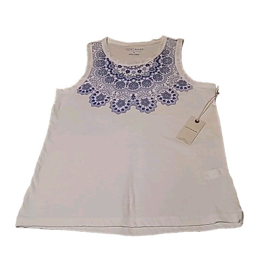 Lucky Brand White Blue Floral Mediterranean Tile Sleeveless Tank Top Medium NWT